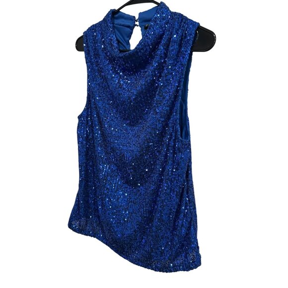 Cable & Gauge Blue Sequin Sleeveless Top High Neckline Keyhole Back Sz Large - Picture 3 of 9